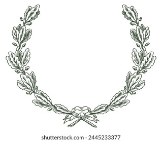 Oak wreath, branches, ribbon, award,symbol, vector hand drawing isolated on white