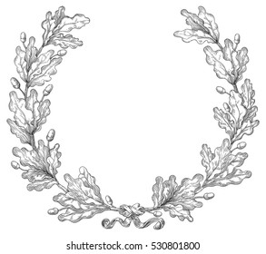 Oak wreath. Vector Decorative element with oak branches at engraving style. 
