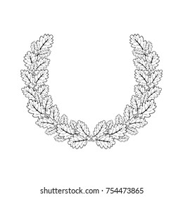 Oak wreath. Vector illustration of oak branches in a round frame made in the style of engraving.