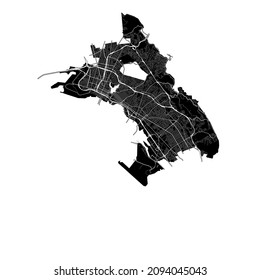 Oakland, California, United States, high resolution vector map with city boundaries, and editable paths. The city map was drawn with white areas and lines for main roads, side roads and watercourses.