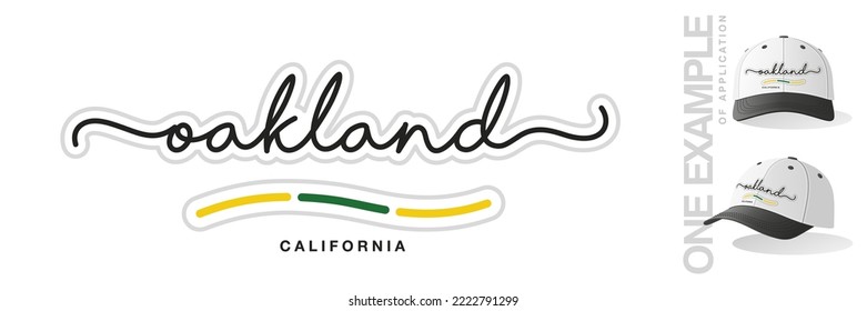 Oakland California USA, abstract Oakland flag ribbon, new modern handwritten typography calligraphic logo icon with example of application