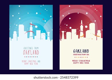 Oakland Christmas poster with skyline, cityscape. Winter USA California state holiday, New Year vector brochure, website, flyer, leaflet, card layout