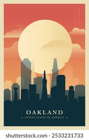 Cartaz de brutalismo da cidade de Oakland, com vista abstrata para a cidade. Ilustração do vetor retro do estado da Califórnia EUA. Capa dianteira de viagem dos EUA, brochura, folheto, folheto, modelo de apresentação, imagem de layout