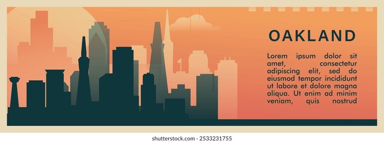 Banner vetorial do brutalismo da cidade de Oakland com horizonte, paisagem urbana. Ilustração horizontal retrô do estado da Califórnia dos EUA. Estados Unidos da América layout de viagem para apresentação na web, cabeçalho, rodapé