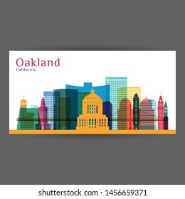 Oakland city, California architecture silhouette. Colorful skyline. City flat design. Vector business card.