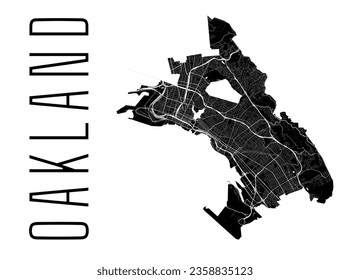 Oakland city map, United States. Municipal administrative borders, black and white area map with rivers and roads, parks and railways. Vector illustration.