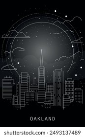 Oakland city poster with abstract skyline, horizon and attraction. USA, California vector illustration, black and white thin line layout for vertical brochure, website, flyer, presentation, book cover