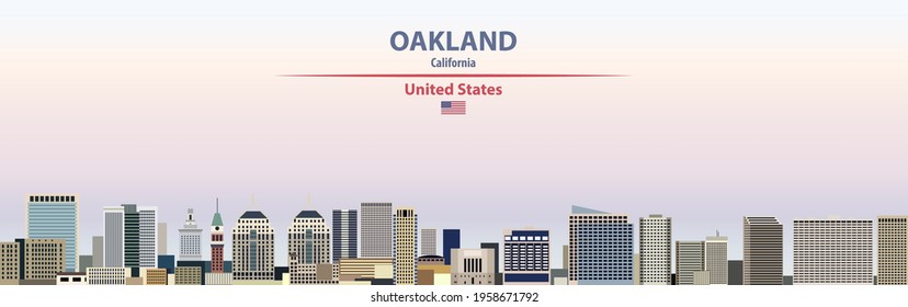 Oakland cityscape on sunset sky background vector illustration with country and city name and with flag of United States