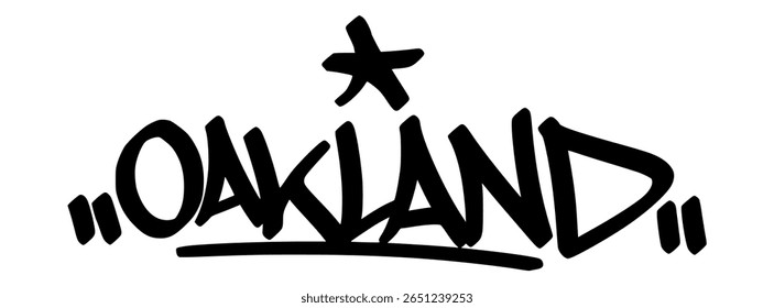 Marca de grafite Oakland em letras negras em fundo transparente. Expressão urbana ousada e crua com forte influência de rua na costa oeste