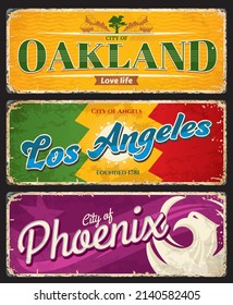 Oakland, Los Angeles and Phoenix american cities plates and travel stickers. US city grunge banner, United States of America journey grunge vector tin signs with cities flags and symbols