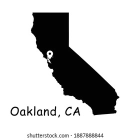 Oakland on California State Map. Detailed CA State Map with Location Pin on Oakland City. Black silhouette vector map isolated on white background.