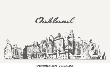 Oakland skyline, California, USA, hand drawn vector illustration, sketch