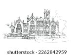 Oakley Court hotel line drawing, illustration. Stately home, mansion, country house isolated vector.