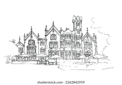 Dibujo de la línea del hotel Oakley Court, ilustración. Casa, mansión, casa de campo aislada vector.