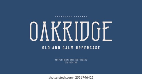 OakRidge: Um vintage-moderno fina laje tipo serif, misturando charme clássico com linhas elegantes. Ideal para manchetes refinadas, marcas com um toque atemporal. Inclui o alfabeto e o número em maiúsculas.