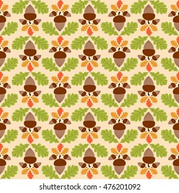 Oaks leaves and acorns pattern vector seamless in green, orange, brown and yellow colors.Forest autumn background. Print for wallpaper, gift and wrapping paper, seasonal greeting cards and banners.