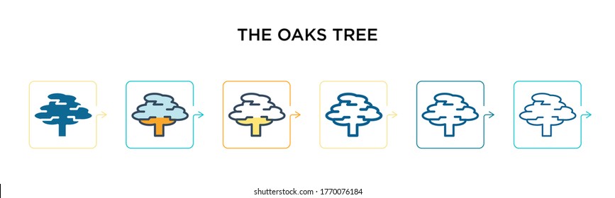 Die Eichen Baum Vektorsymbol in 6 verschiedenen modernen Stilen. Schwarz, zweifarbig die Eichenbaumsymbole, die in voller Umriss-, Linien- und Strichform entworfen wurden. Vektorgrafik kann für Web, Mobile, i