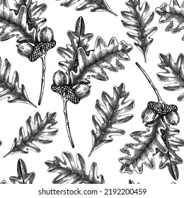 Oaktree seamless pattern Decorative autumn leaf sketches. Hand-drawn botanical backdrop in sketched style. Vintage oak tree branch with fall leaves and acorn illustrations. Thanksgiving background