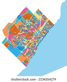 Oakville, Ontario, Canada colorful high resolution vector art map with city boundaries. White outlines for main roads. Many details. Blue shapes for water. 