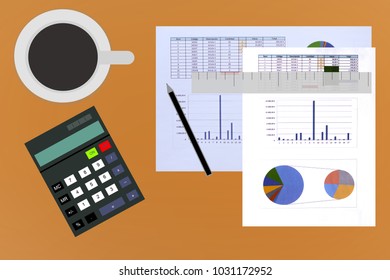 A oange table with coffee, accounting documents, pencil and calculator