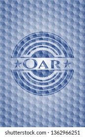 Oar blue emblem with geometric pattern background.