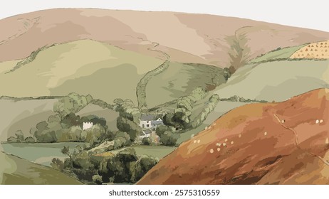 Oare village watercolor border from Rev. James Bulwer artwork, isolated vector element. Nature landscape border vector. Vintage nature isolated art drawing illustration. Old painting art print border.