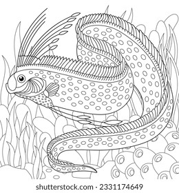 Oarfish coloring page. Outline sea design in mandala and zentangle style