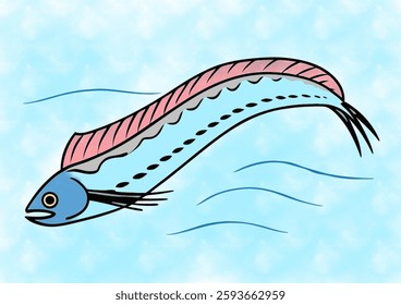 An oarfish gracefully glides through the water, its elongated body a striking contrast against the light blue backdrop.