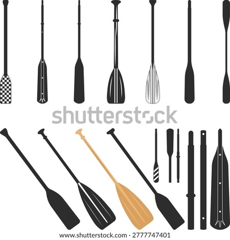 Oars Icon Set Silhouette, Boat realistic oar paddles isolated symbol. Wooden paddle Elements collection, Canoe and kayak oars, rowing oars, Vector Illustration