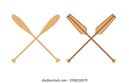 Oars isolated on a white background. Wooden crossed paddles in cartoon style, vector illustration.
