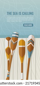 Oars on a wooden pontoon or pier near the water. Vector illustration in nautical summer style with text the sea is calling. For banner, flyer, social media, advertisement or website.