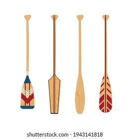 Oars set isolated on a white background. Painted canoe paddles in flat style, vector illustration.
