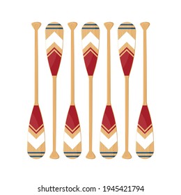 Oars set isolated on a white background. Painted colorful canoe paddles in flat style, vector illustration.