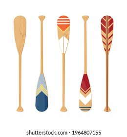 Oars set isolated on a white background. Painted colorful canoe paddles in flat style, vector illustration.