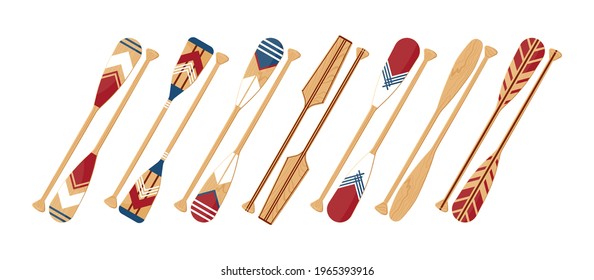 Oars set isolated on a white background. Painted colorful canoe paddles in flat style, vector illustration.