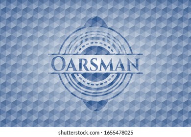 Oarsman blue emblem or badge with abstract geometric polygonal pattern background. Vector Illustration. Detailed.