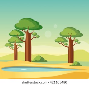 Oasis With Baobabs Flat Bright Color Simplified Vector Illustration In Realistic Cartoon Style Design