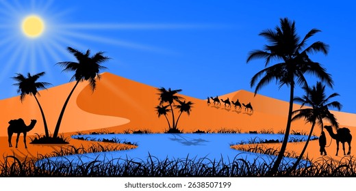 An oasis with Bedouins, camels, dunes, and palm trees in the Sahara Desert