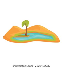 Oasis with blue water and palm tree growing on sandy ground in desert