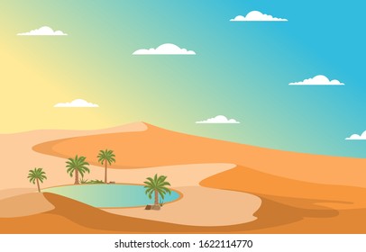 Oasis Date Palm Tree Desert Hill Arabian Landscape Illustration