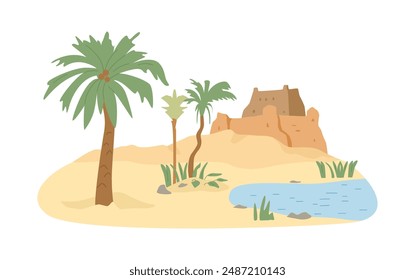 Oasis in desert and ancient castle flat vector illustration. Desert scenery with palms and Arabian buildings.