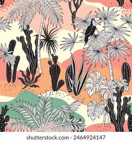 Oasis desert cactus, palm tree and toucan seamless pattern. Tropical graphic wallpaper.	