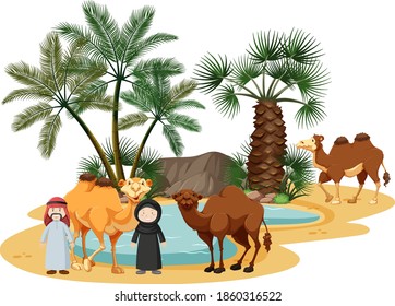 Oasis in desert with camel and nature elements on white background illustration