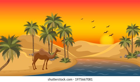 Oasis in the desert dunes. Flat design. Desert Oasis Camels Composition