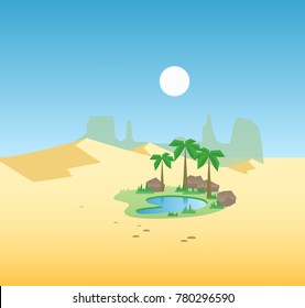 Oasis in the desert dunes. Flat design, vector illustration.