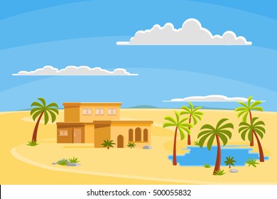 Oasis In The Desert Dunes, Vector Illustration