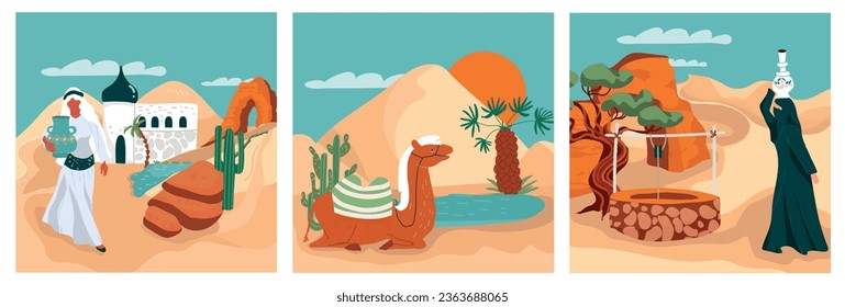 Oasis in desert flat set with arabic women carrying water and camel lying near water isolated vector illustration