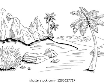 Oasis desert graphic black white landscape illustration vector