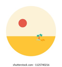 Oasis in desert lake with two palms in middle of sands and big hot sun vector round vignette illustration isolated on wgite