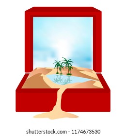 Oasis in desert - landscape background. Vector illustration with sand dunes, blue lake and palms.